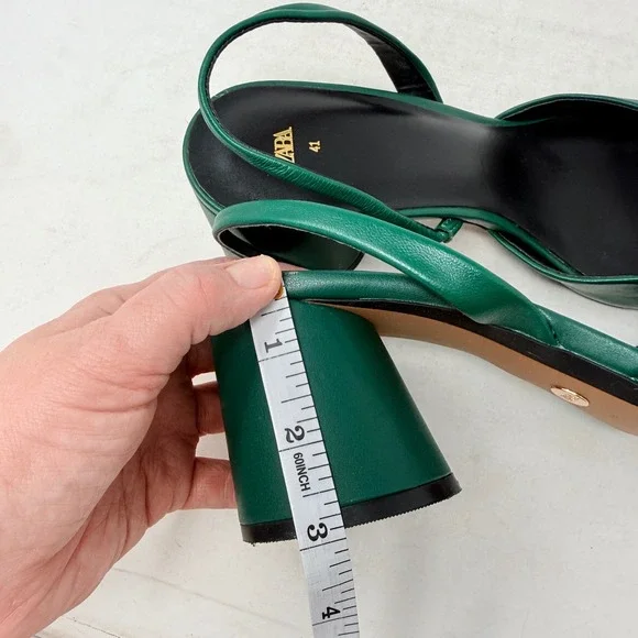 Zara Emerald Green Leather Slingback Block Heel Gold Shell Square Toe Pumps 41 - Picture 9 of 10